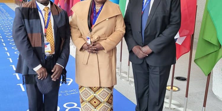 Minister Amongi Betty (center), State Minister for Labour Col. Charles Engola Macodwogo at the ILO meeting in Geneva, Switzerland