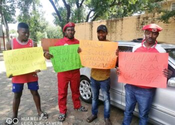 L-R: Rashid Kezimbira, Saabwe Alosious, Kagolo James and Fred Binayomba demonstrating in Johannesburg, in 2020.