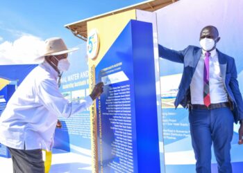 President Yoweri Museveni signs the National Water and Sewerage Corporation (NWSC) completed projects Inaugurated during the NWSC 50 years celebrations at Kololo Ceremonial Grounds on 2nd December 2022. Photo by PPU/ Tony Rujuta.