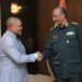 Gen. Al Burhan welcomes Ambassador Ssemuddu to the meeting convened at the Presidential Palace in 
Khartoum, Republic of Sudan on the side-lines of the 48th IGAD Council of Ministers’ meeting. Courtesy photo