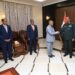 Gen. Al Burhan welcomes Ambassador Ssemuddu to the meeting convened at the Presidential Palace 
in Khartoum, while the foreign Ministers of Djibouti (right) and Ethiopia (2nd left) look on. (File photo)