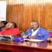 The Leader of the Opposition, Hon. Mathias Mpuuga (5th, left) and his members at the press conference