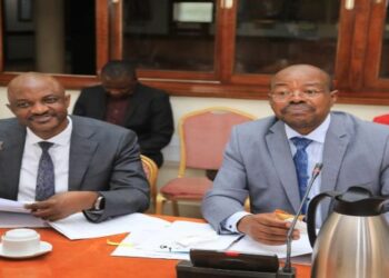 State Minister for Planning, Amos Lugoloobi (right) and the Permanent Secretary/ Secretary to the Treasury, Ramathan Ggoobi, appearing before the House Committee on Finance on Thursday 1 December 2022