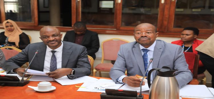 State Minister for Planning, Amos Lugoloobi (right) and the Permanent Secretary/ Secretary to the Treasury, Ramathan Ggoobi, appearing before the House Committee on Finance on Thursday 1 December 2022