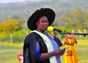 The State House Comptroller Jane Barekye delivering her remarks during 1st graduation of the Presidential Initiative for Bugisu Zonal Industrial Parks for Skills Development, Value Addition and Wealth creation at the Bugisu Zonal Industrial Hub Lukhonge Village, Mbale District 7th January 2023. Photo by PPU / Tony Rujuta.