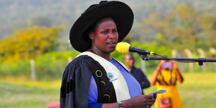 The State House Comptroller Jane Barekye delivering her remarks during 1st graduation of the Presidential Initiative for Bugisu Zonal Industrial Parks for Skills Development, Value Addition and Wealth creation at the Bugisu Zonal Industrial Hub Lukhonge Village, Mbale District 7th January 2023. Photo by PPU / Tony Rujuta.