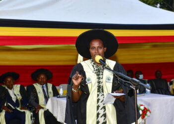 State House Comptroller Jane Barekye addresing graduands and their parents during the graduation ceremony at Tooro Zonal Industrial Hub in Tooro sub region on Monday. PPU Photo