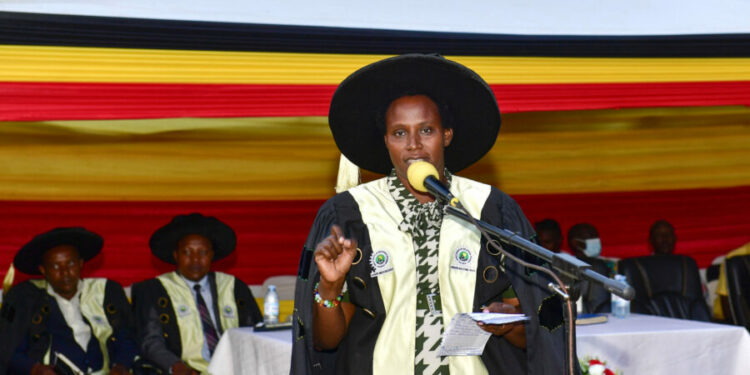 State House Comptroller Jane Barekye addresing graduands and their parents during the graduation ceremony at Tooro Zonal Industrial Hub in Tooro sub region on Monday. PPU Photo