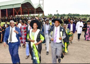 State House Comptroller Jane Barekye (C) arrives at the Ankole Zonal Industrial Hub in Mbarara district to attend the graduation of youths who have been undergoing skilling programmes. PPU Photo