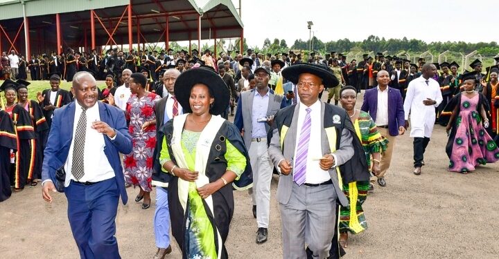 State House Comptroller Jane Barekye (C) arrives at the Ankole Zonal Industrial Hub in Mbarara district to attend the graduation of youths who have been undergoing skilling programmes. PPU Photo