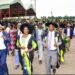 State House Comptroller Jane Barekye (C) arrives at the Ankole Zonal Industrial Hub in Mbarara district to attend the graduation of youths who have been undergoing skilling programmes. PPU Photo