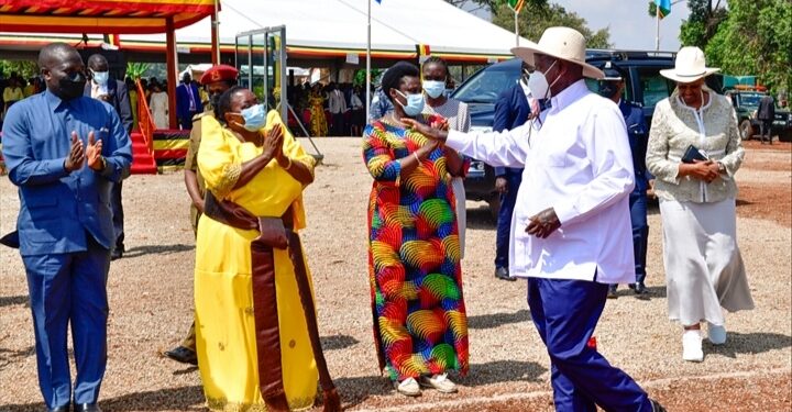 President Museveni and First Lady Janet are welcomed by VP Alupo, Premier Nabanjja and other ministers as they arrive in Kakumiro for the 37th NRMA liberation day in Kakumiro district on Thursday. PPU Photo