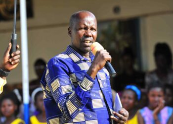 Koluo Joseph Andrew, MP Toroma Constituency in Katakwi district making his remarks during the Presidential Initiative on skilling the Girl/Boy Child project 7th intake inspection of the skills of the students as they show case their work at Makerere Kikoni Centre on 21st February 2023. Photo by PPU/Tony Rujuta.