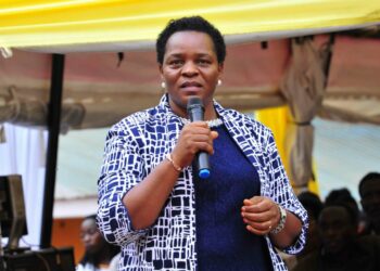 The Minister of State for Gender and Culture Peace Regis Mutuuzo delivering her remarks during the Presidential Initiative on skilling the Girl/Boy Child project 7th intake inspection of the skills of the students as they show case their work at Sub-way Centre on 23rd February 2023. Photo by PPU/Tony Rujuta.