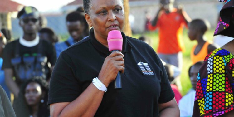 Presidential Initiative on skilling the Girl/Boy Child project Director Faith Katana Mirembe making her  remarks during the 7th intake inspection of the skills of the students as they show case their work at Luzira Prisons Center on 14th February 2023. Photo by PPU/Tony Rujuta.