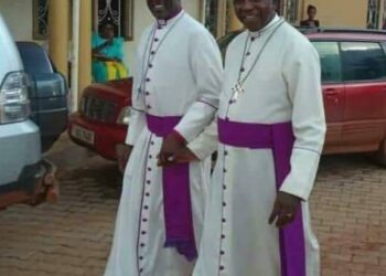 Archbishop Kazimba flanked by Ntagali at the concecretion ceremony of the new Bishop for North Karamoja last week