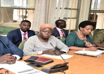 Minister Huda Oleru (2nd, L) and her counterpart in the agriculture ministry, Hon. Fred Kyakulaga (L) accompanied by officials appearing before the committee