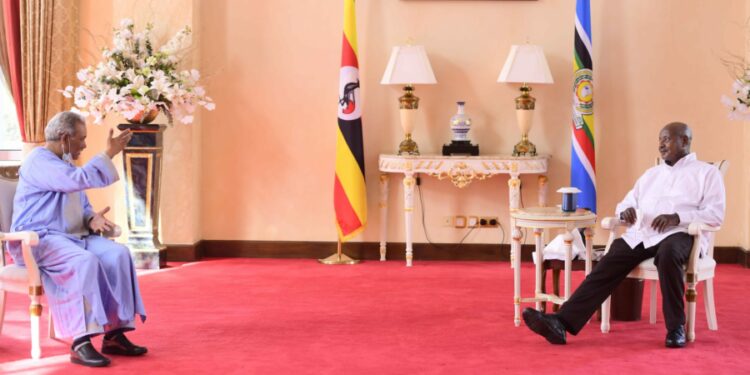 Sahrawi Ambassador to Uganda H.E Salek Sghair Radhi presents credentials to President Museveni at State House Entebbe