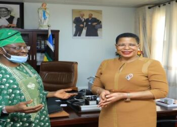 Nigerian High Commissioner to Uganda, H.E Ismail Ayobami (left) and Speaker, Anita Among at Parliament on Tuesday 21 February 2023