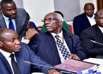 Auditor General, John Muwanga (C) consults one of his staff during the committee meeting