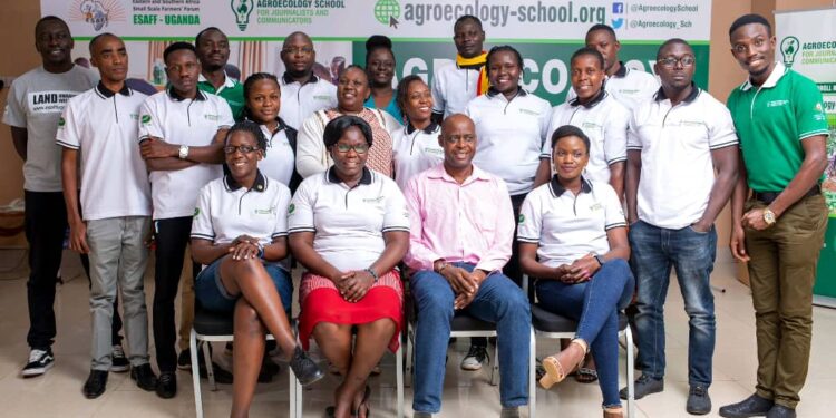 Selected Journalists & ESAFF Uganda delegates pose for a photo during the Agroecology Introductory Workshop at Eureka Place Hotel Ntinda, March 17th.