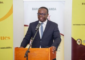 Post Bank Uganda CEO Julius Kakeeto addresses guests during the launch of the Sustainability Standards Certification Initiative by EOSD at Kampala Serena Hotel recently
