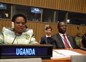 Minister Amongi delivers the country statement as Permanent Secretary Mr Aggrey David Kibenge listens in during the session in New York on Monday.