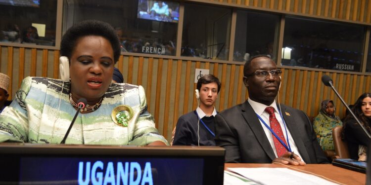 Minister Amongi delivers the country statement as Permanent Secretary Mr Aggrey David Kibenge listens in during the session in New York on Monday.