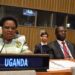 Minister Amongi delivers the country statement as Permanent Secretary Mr Aggrey David Kibenge listens in during the session in New York on Monday.