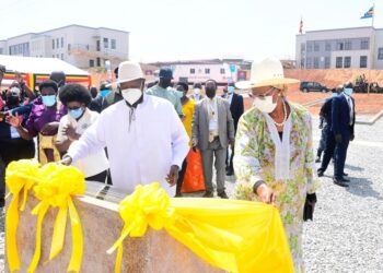 President Yoweri Museveni with the First Lady Mrs Janet Museveni laying a foundation stone for the National Science, Technology and Innovation