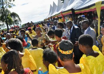 Presidency Minister Babirye Milly Babalanda,  Finance Minister Matia Kasaija, MPs from Kibaale District and other leaders during Women's Day Celebrations