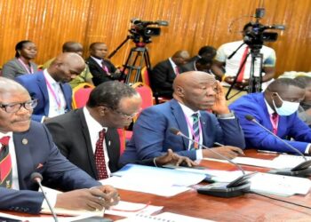 Prof. Barnabas Nawangwe, the Makerere University Vice Chancellor (L) and his team before the Committee on Education and Sports