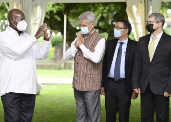 President Yoweri Kaguta  Museveni bids farewell to the external Affairs Minister of India Dr. S. Jaishankar and his delegation shortly after their meeting at Rwakitura country home on 10th April 2023.