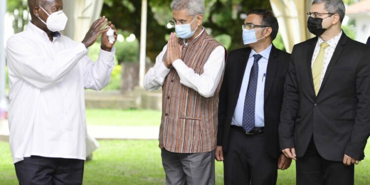 President Yoweri Kaguta  Museveni bids farewell to the external Affairs Minister of India Dr. S. Jaishankar and his delegation shortly after their meeting at Rwakitura country home on 10th April 2023.