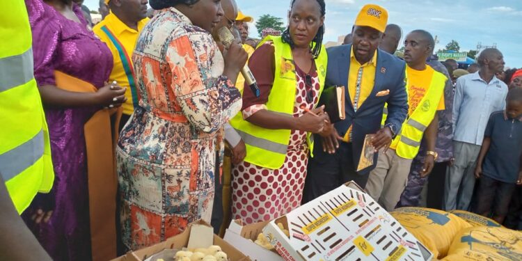 Hajjati Namyalo Centre with a Microphone delivers chicken and chicken feeds to the people of Bukomansimbi