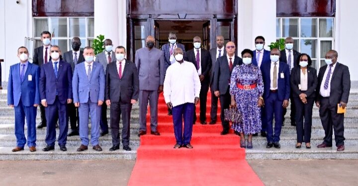 President Yoweri Museveni with a delegation from Algeria  in a group photo at State House Entebbe