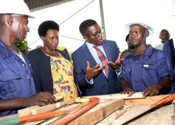 State House Comptroller Mrs Jane Barekye with Katikkiro Mayiga during the launch of Zonal Industrial Hub in Masaka