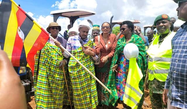 Hon. Frank Tumwebaze, Minister for Agriculture, Animal Industry & Fisheries launching the tractor hire scheme in Karamoja subregion. Photo by MAAIF