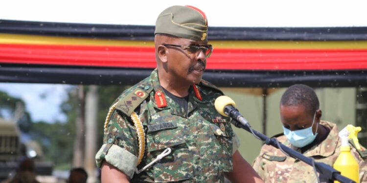 Maj Gen Leopold Kyanda addressing SFC troops while on the CDF mobilisation drive at SFC Headquarters in Entebbe