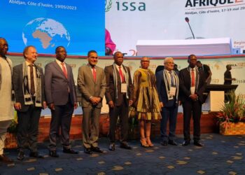 Ministry of Gender Permanent Secretary Aggrey David Kibenge (3rd from left) with other key discussants at the Social Protection Forum in Abidjan, Cote d'Ivoire on Friday