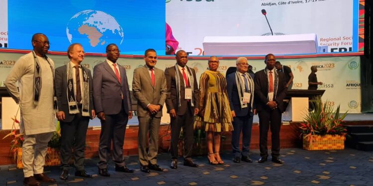Ministry of Gender Permanent Secretary Aggrey David Kibenge (3rd from left) with other key discussants at the Social Protection Forum in Abidjan, Cote d'Ivoire on Friday