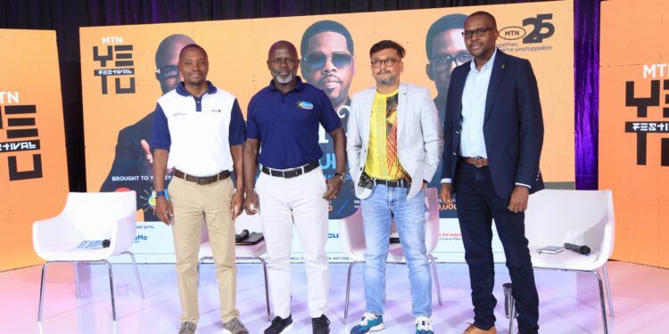 L-R: dfcu Bank’s Head Marketing - Jude Kansiime, Peter Mungoma - CEO of Capital FM Uganda, Somdev Sen - MTN Uganda’s Chief Marketing Officer and Emmy Hashakimana - Marketing & Innovation Director at Uganda Breweries Limited during the unveiling of the sponsors of the ‘Boyz ll Men Live in Kampala’