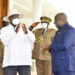 President Evariste Ndayishimiye of Burundi welcomes President Museveni at the summit venue in Bujumbura for the 18th ROM summit on Saturday. PPU Photo