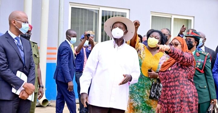 President Yoweri Museveni with his Tanzanian counterpart H.E Samia Suluhu Hassan at the Hydropower Plant Commissioning recently