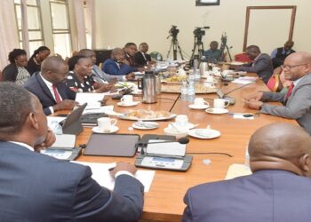 Lawyer Cephas Birungyi (R) appearing before the finance committee at Parliament House on Monday, 26 June 2023