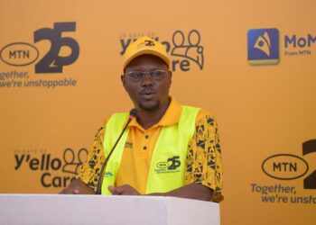 Kenneth Kiddu, General Manager, Business Intelligence, MTN Uganda delivers his speech after handing over a consignment to Mulungi Confectionary and Skilling Center in Ntinda Zone, Seeta-Mukono (Photo@MTN Uganda)