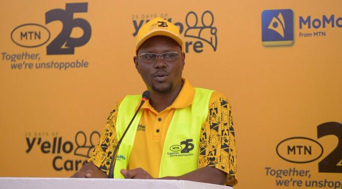 Kenneth Kiddu, General Manager, Business Intelligence, MTN Uganda delivers his speech after handing over a consignment to Mulungi Confectionary and Skilling Center in Ntinda Zone, Seeta-Mukono (Photo@MTN Uganda)