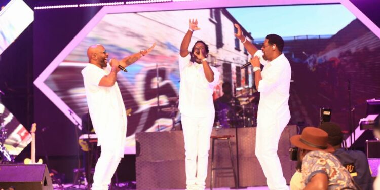 Legendary Boyz ll Men performing live during the concert yesterday at Kololo grounds.