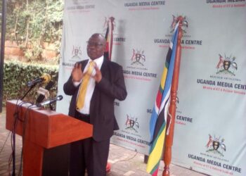 Minister for the Elderly Dominic Mafwabi Gidudu addressing Journalists at the Uganda Media Centre on Wednesday