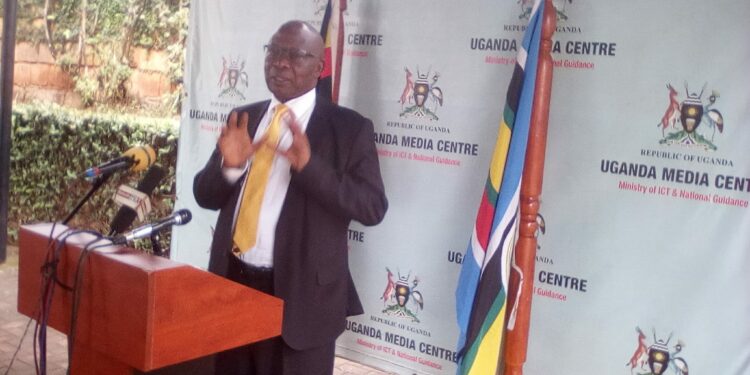 Minister for the Elderly Dominic Mafwabi Gidudu addressing Journalists at the Uganda Media Centre on Wednesday